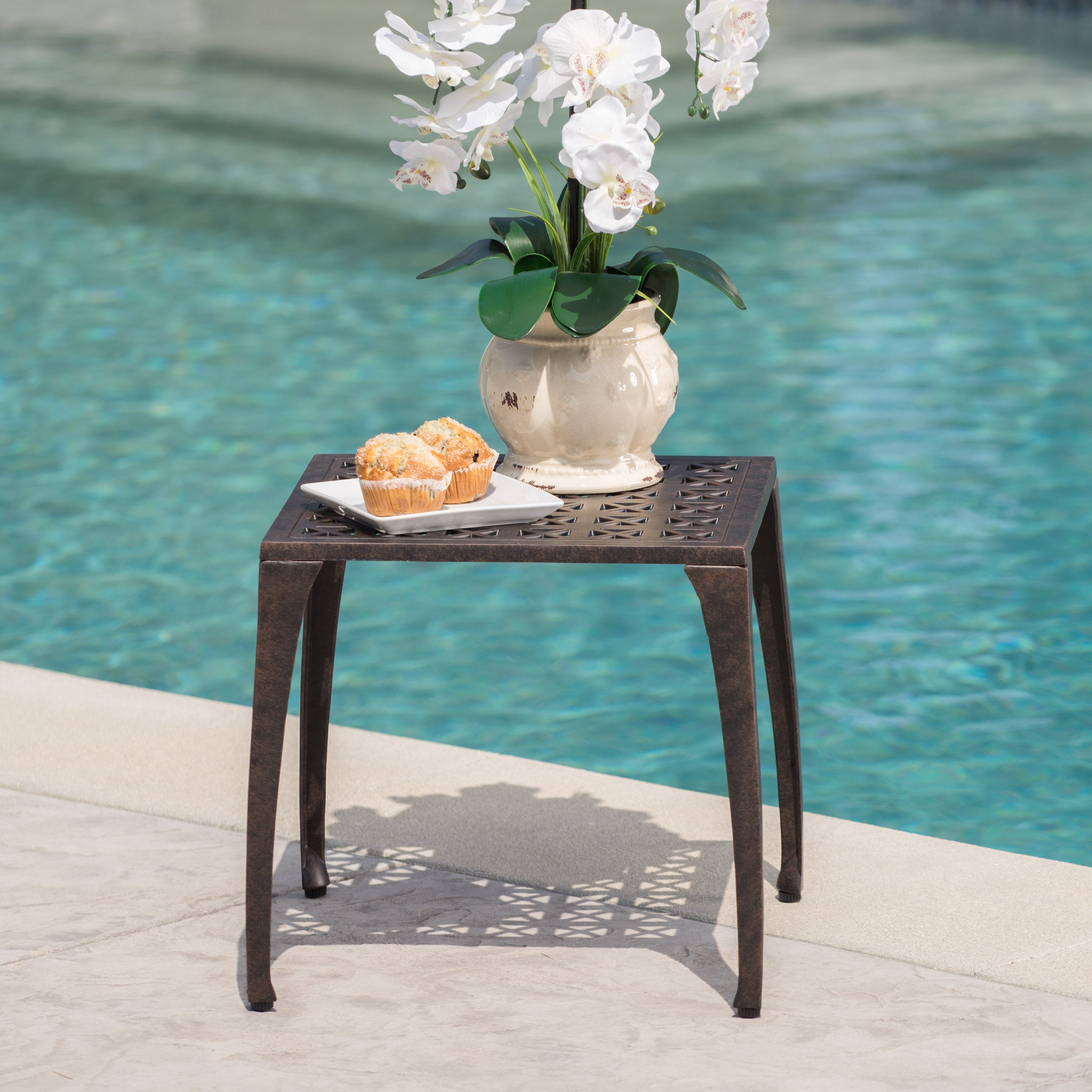 Lunaire Outdoor Square Cast Aluminum Side Table with Lattice Top and Curved Legs