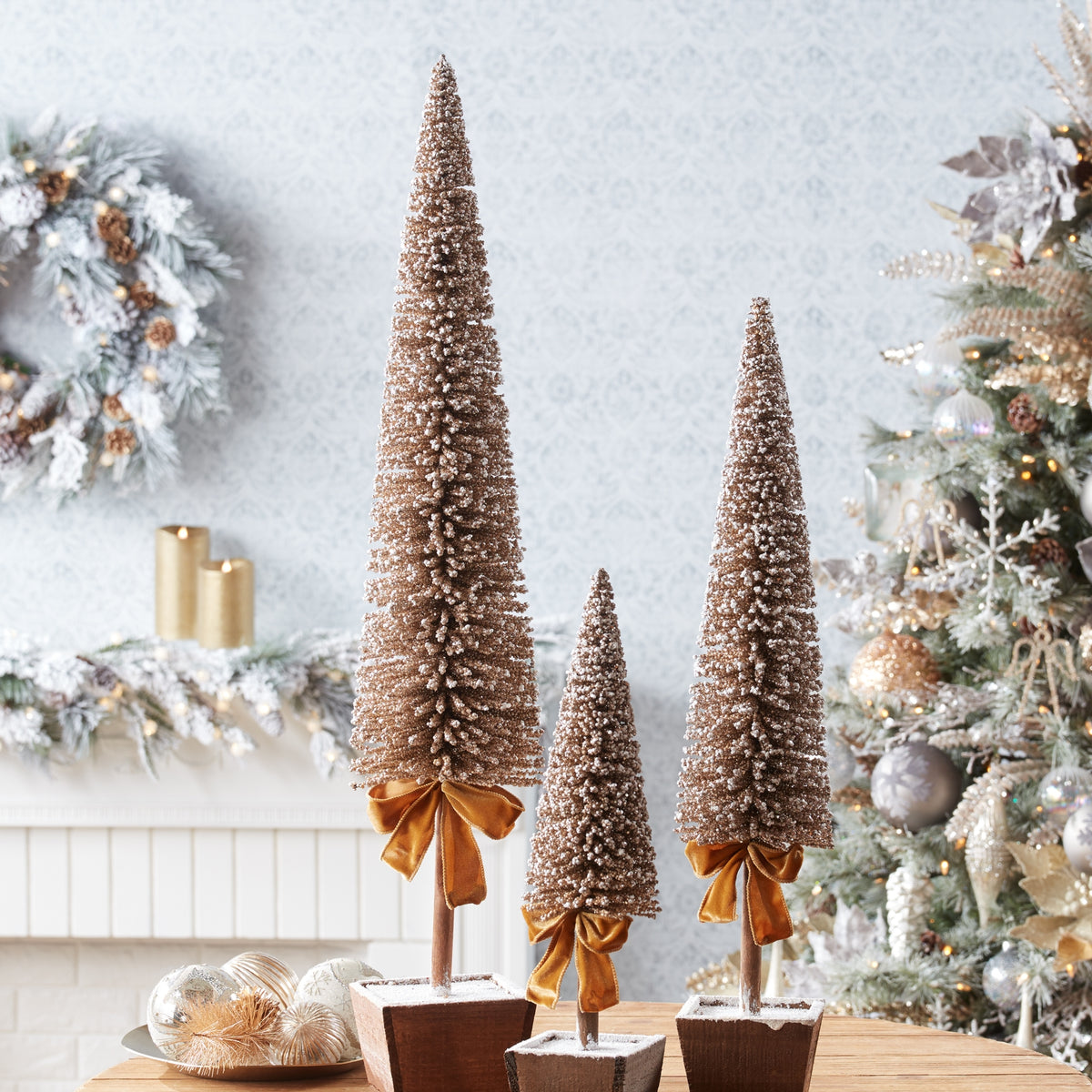 Silver and Gold Glitter Mini Bottle Brush Tree Set