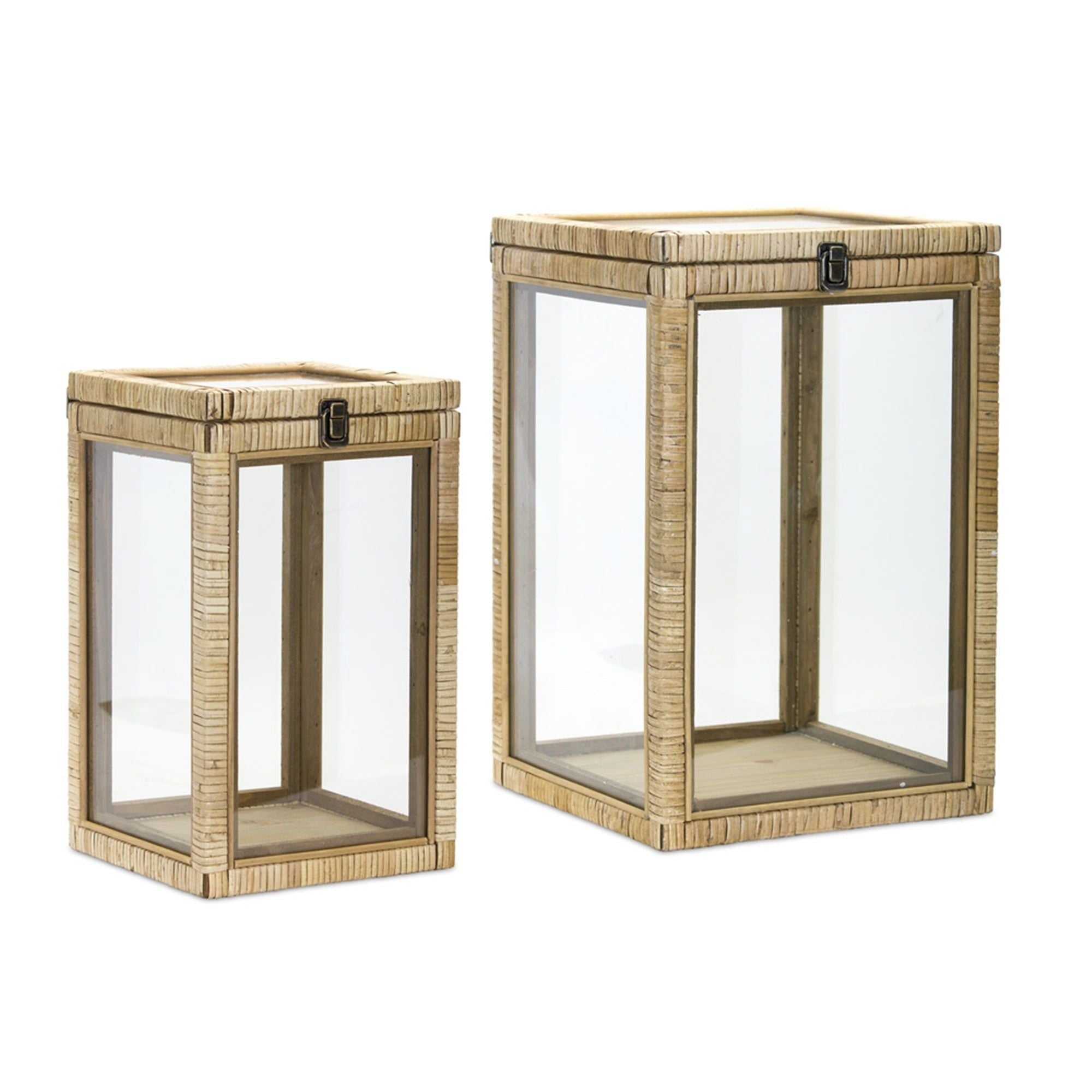 Coastal Wood Box Lantern with Glass Top, Set of 2 - Lanterns