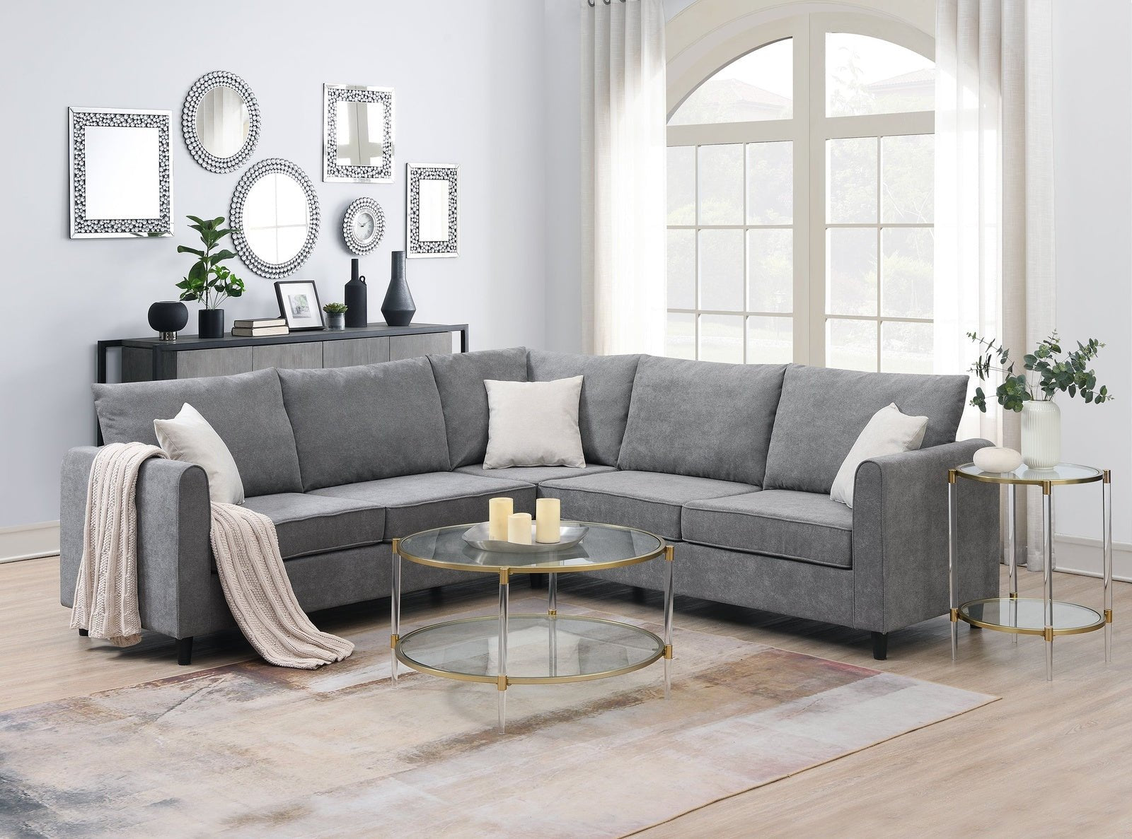 3 Piece Gray L Shaped Sectional Sofa with 3 Pillows