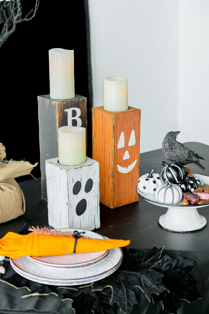 Pier 1 Set of 3 Wood Halloween Candle Holders